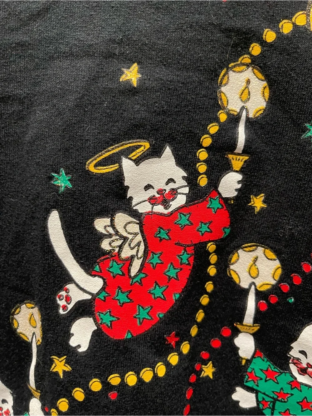 Vintage 90s Jerzees Cat Angel Christmas T Shirt L Black Holiday Graphic USA